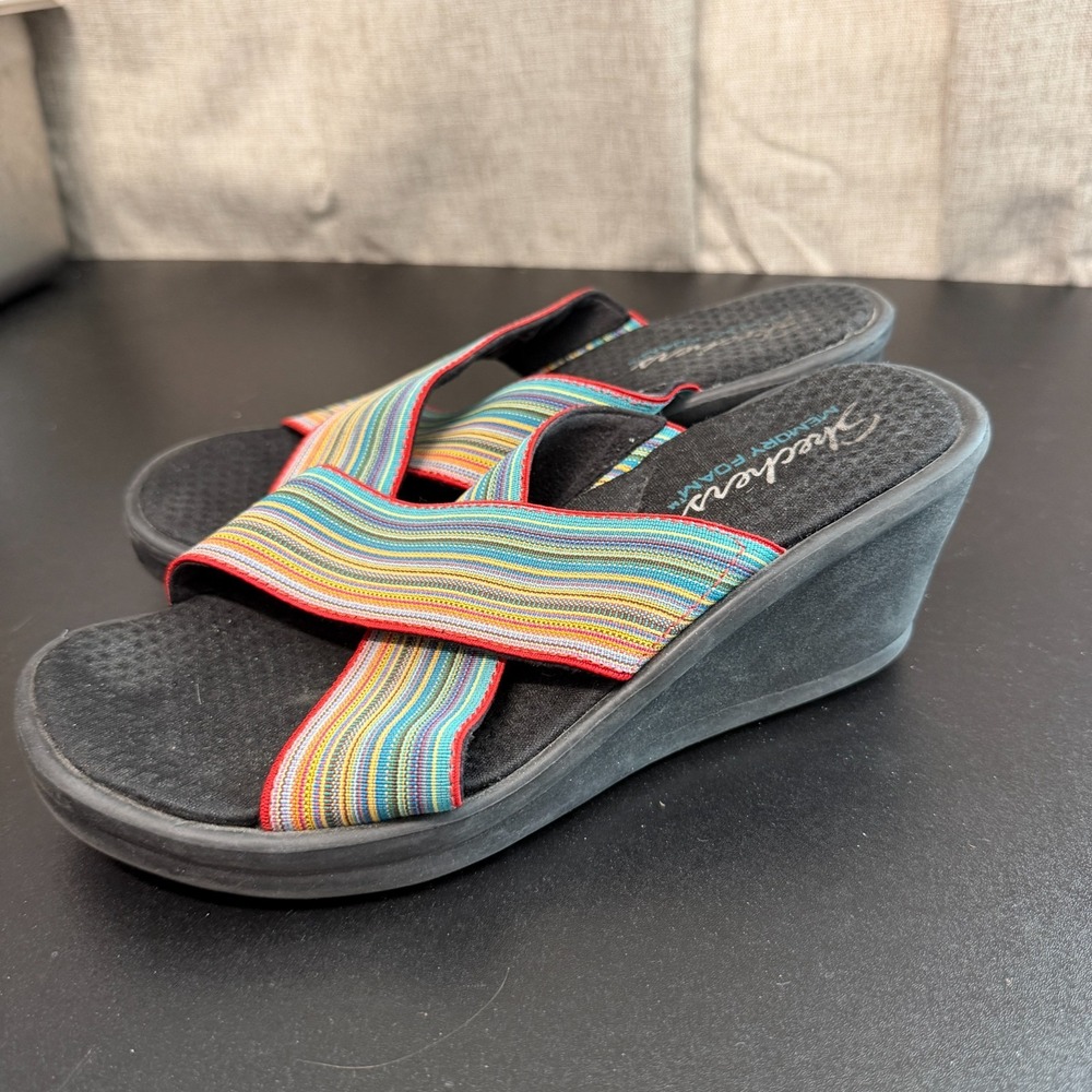 Skechers Wedge Sandals Womens‎ 7 Multicolor Stretch Woven Rainbow Memory Foam